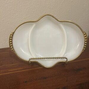 VTG Anchor Hocking Fire King Divided Relish Serving Platter Milk Glass Gold Trim